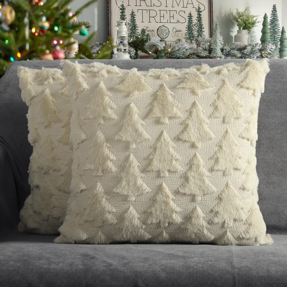 4058 Christmas Tree Decorative Pillow Covers 16x16 Set of 2, Beige Soft